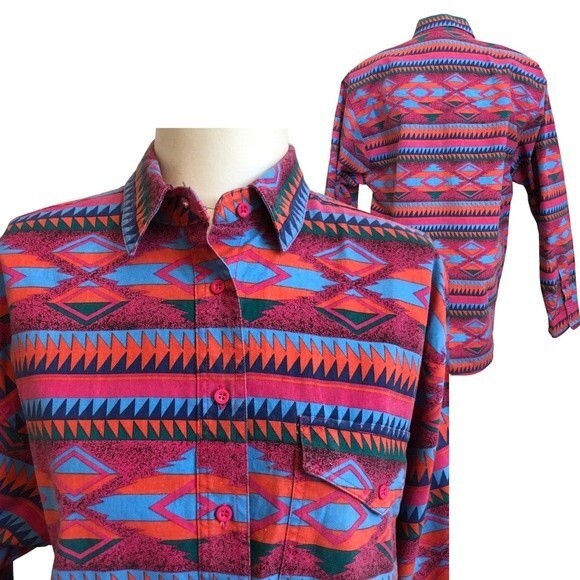 Wrangler Shirt Womens XL Pink Blue 90s Southwestern Western Aztec Vintage New - Picture 1 of 16